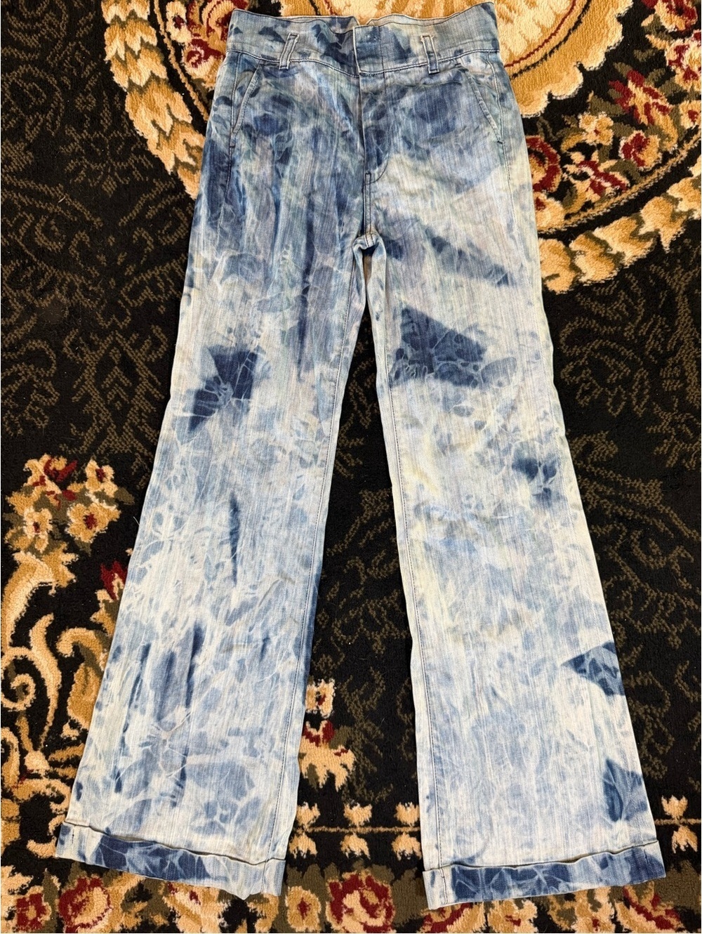 90s VINTAGE seven bleach wash bell bottom wide flare Tie-Dye Women Jeans